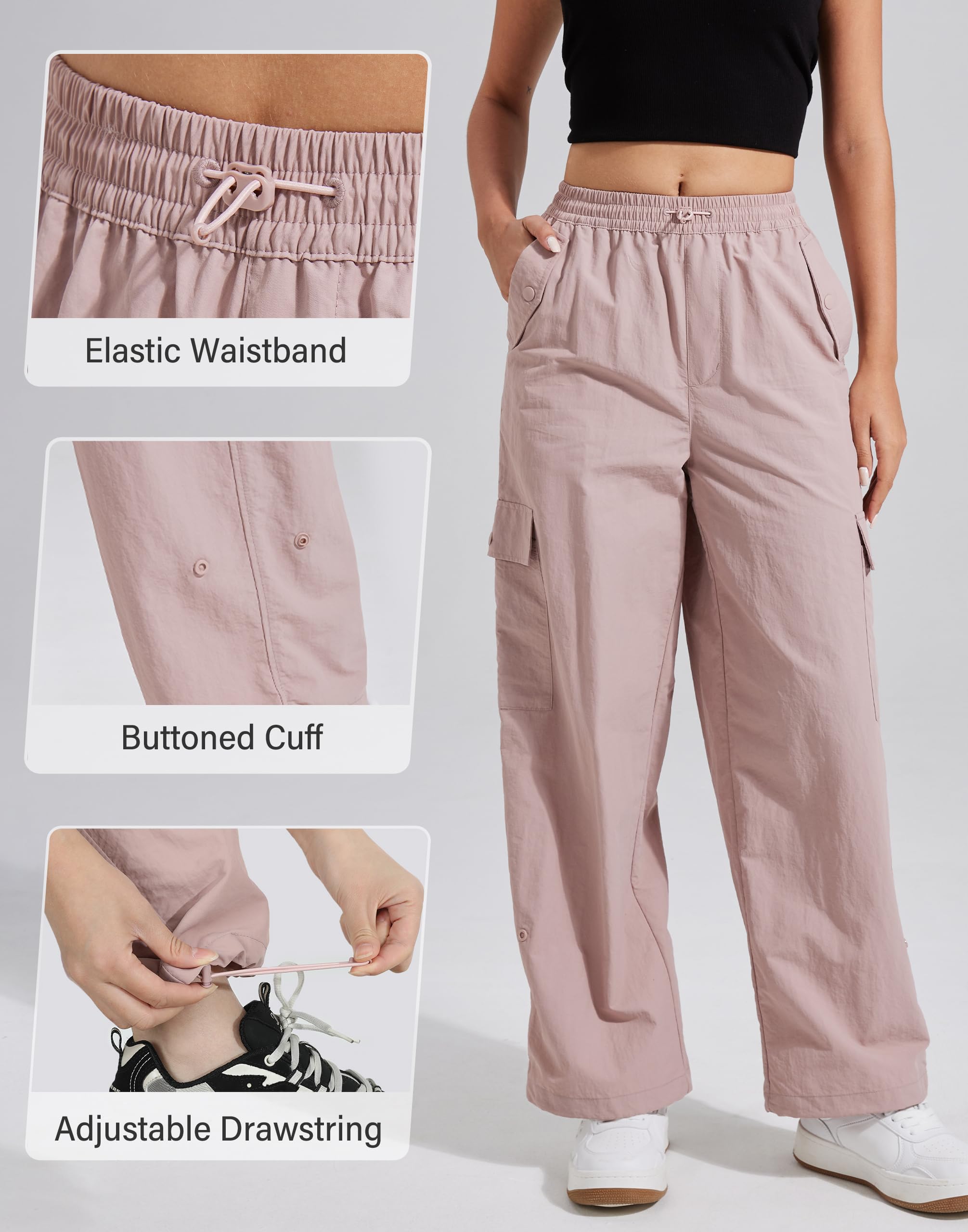 Pioneer Camp Pantalones cargo de paracaídas para mujer con bolsillos, holgados, de cintura alta, de secado rápido, ligeros, pierna ancha