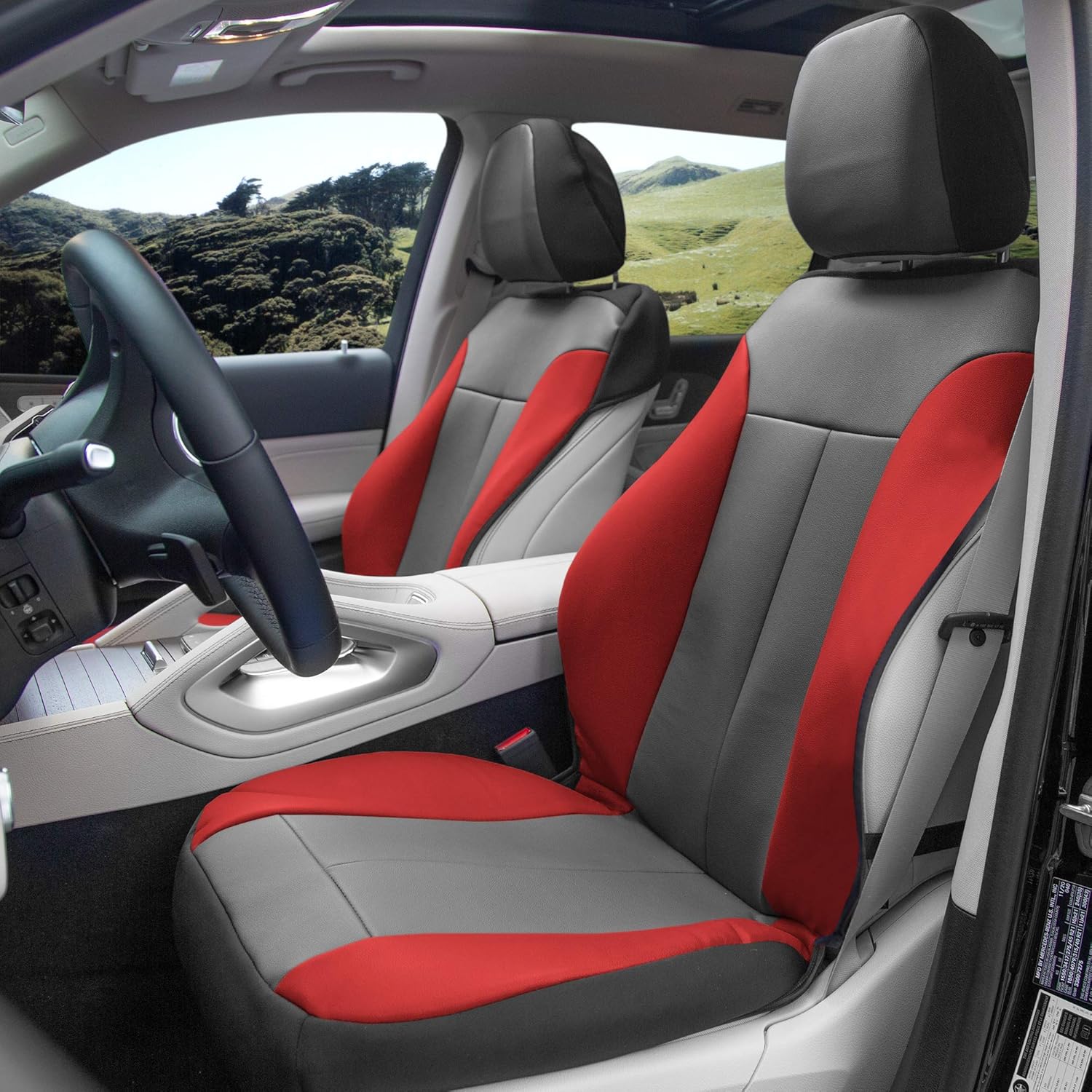 FH Group Front Set Faux Leather Car Seat Covers for Low Back Seat with Removable Headrest, Universal Fit, Airbag Compatible Seat Cover for SUV, Gray/Red