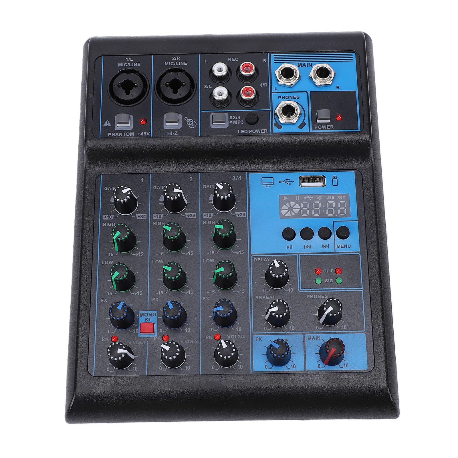Mixer Audio a 4 Canali, Console di Mixaggio a Basso Rumore con Doppio Microfono Cordless, Mixer Audio Bluetooth, Luci a LED, per Registrazione Karaoke da Studio DJ