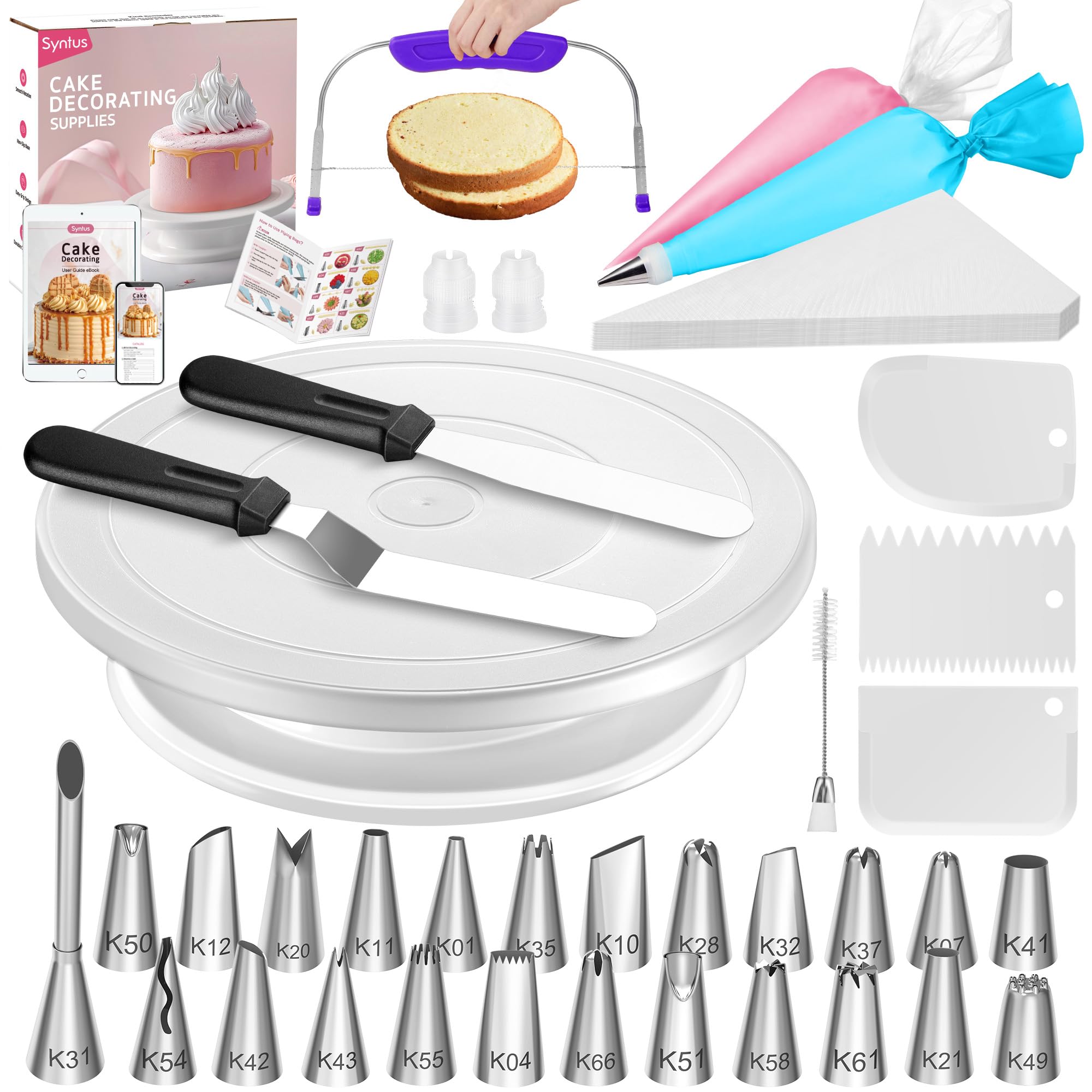 Syntus 65 PCs Cake Decorating Kit with Cake Stand Turntable, Cake Baking Supplies 30+1 Piping Bags, 24 Piping Tips, Offset & Straight Spatulas, 3 Scrapers, Leveler, 2 Couplers & 1 Tips Brush