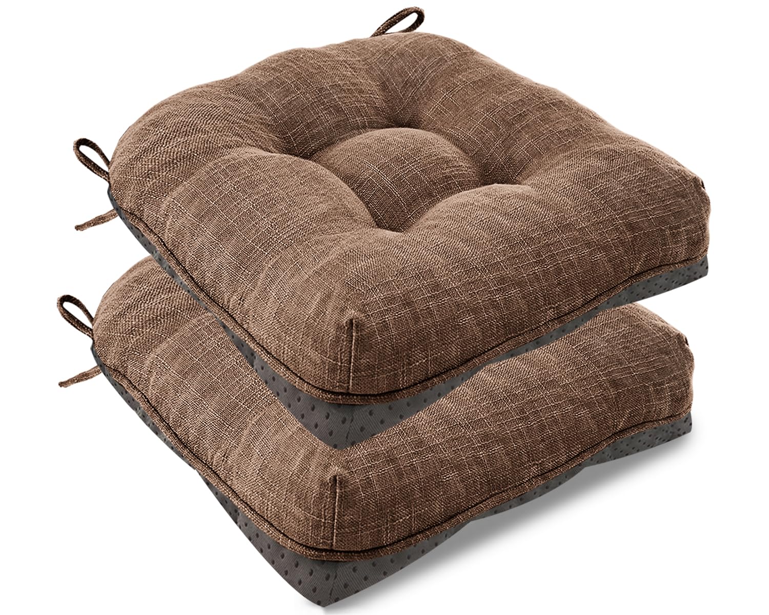 Chair Cushions for Dining Chairs Set of 2, Kitchen Chair Cushion with Ties and Non Slip Backing, Tufted Shredded Memory Foam Chair Pads, Indoor/Outdoor Seat Cushions, 16" x 16", Brown