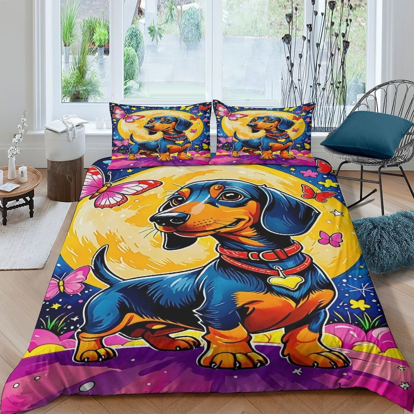 Ctjqhvkz Style-6 3D Printed Colorful Dachshund Fitted Sheet Microfiber Soft Decorative Dog Bed Cover For Bedroom Guest Room Single（135X200cm）