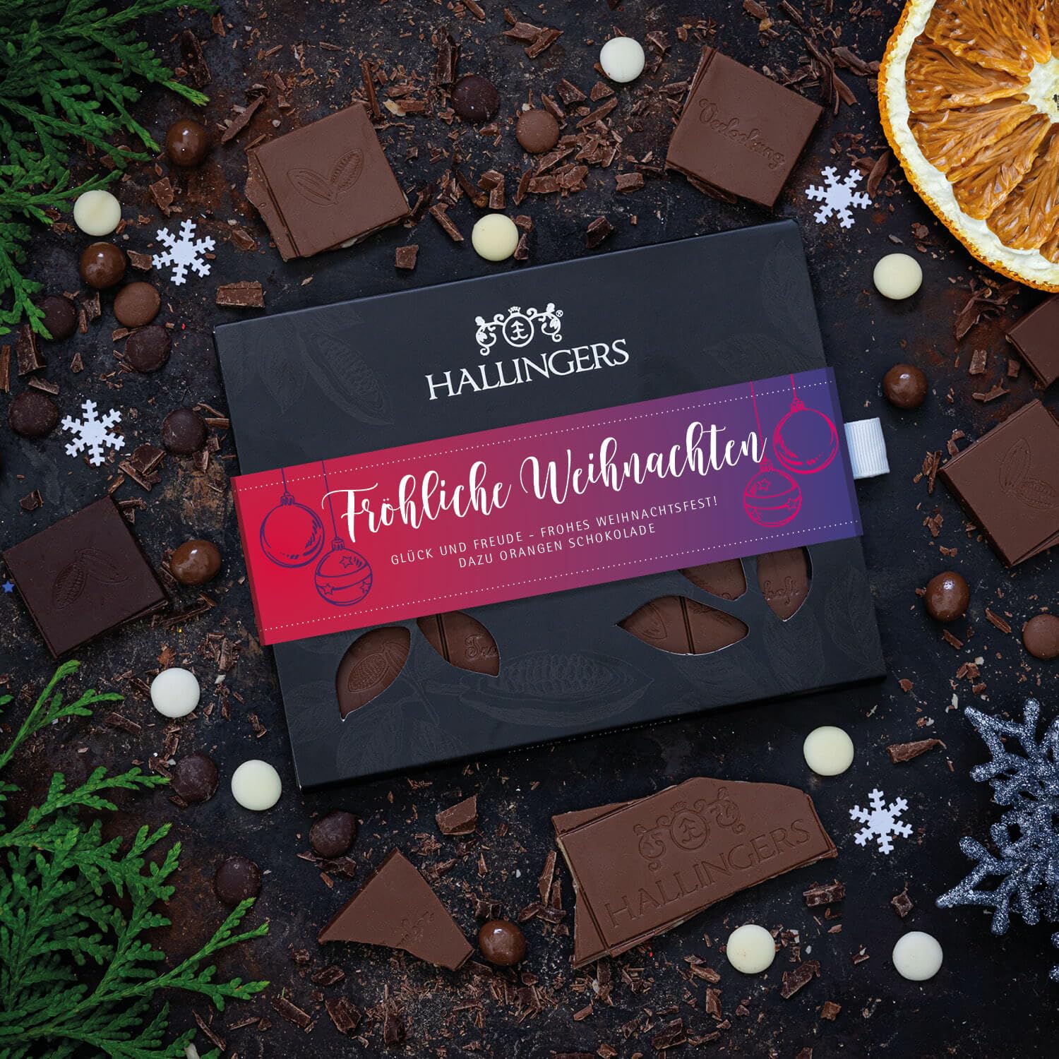 Hallingers Genuss Manufaktur Schokolade Weihnachts-Geschenk - Tafel Edelkakao handgeschöpft ohne Alkohol edler Karton 10x "Fröhliche Weihn..." Orange, Weihnachten für Frauen Männer