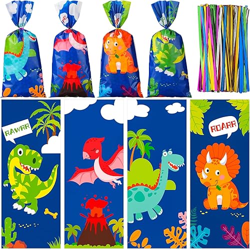 Hotop 100 bolsas de celofán de dinosaurio, regalo de fiesta con lazos, azul, rosa, golosinas, decoraciones de cumpleaños, suministros de baby shower