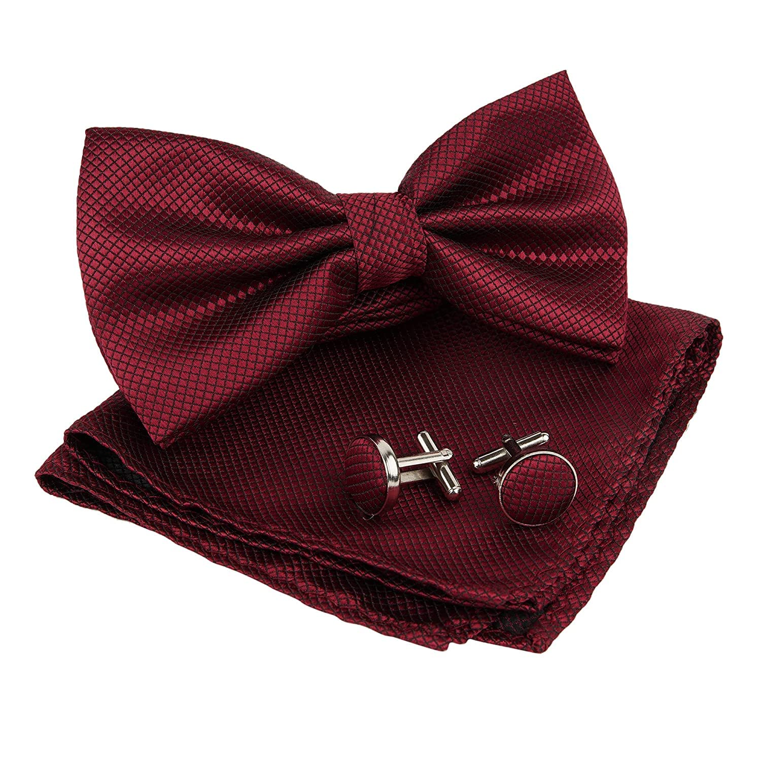 dealfry Men's Fashion Microfiber Butterfly Shape Bow Tie Set with Pocket Square & Cufflinks in Adjustable Size (Black)-picture-44