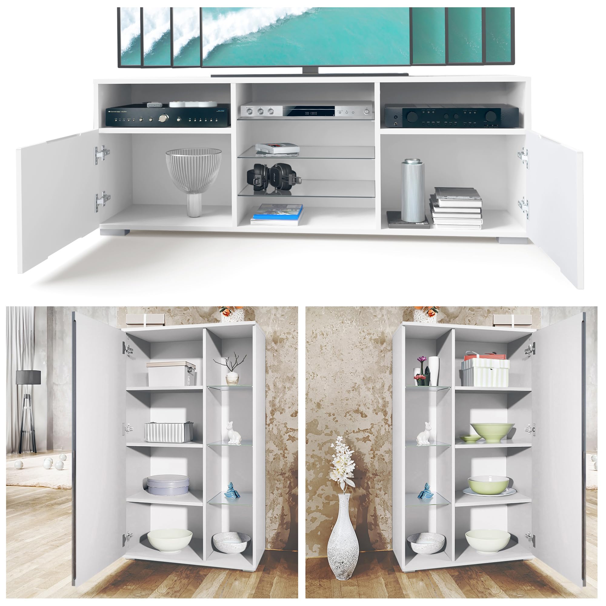 Vladon Mobile Parete Davos per Soggiorno, Composto da 2 vetrine e 1 Mobile TV, Bianco Opaco/Bianco Lucido incl. Illuminazione a LED (329 x 134 x 35 cm)