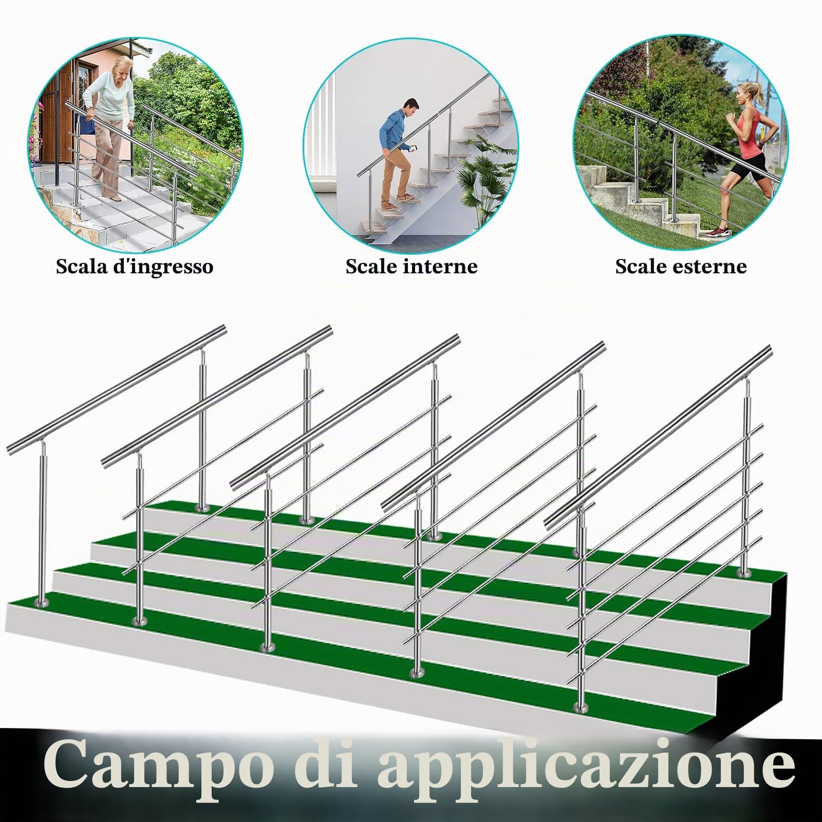FIVMEN - Ringhiera in acciaio inox per scale esterne, 160 cm, corrimano con 2 pali, kit di costruzione per scale per interni ed esterni, senza barre trasversali