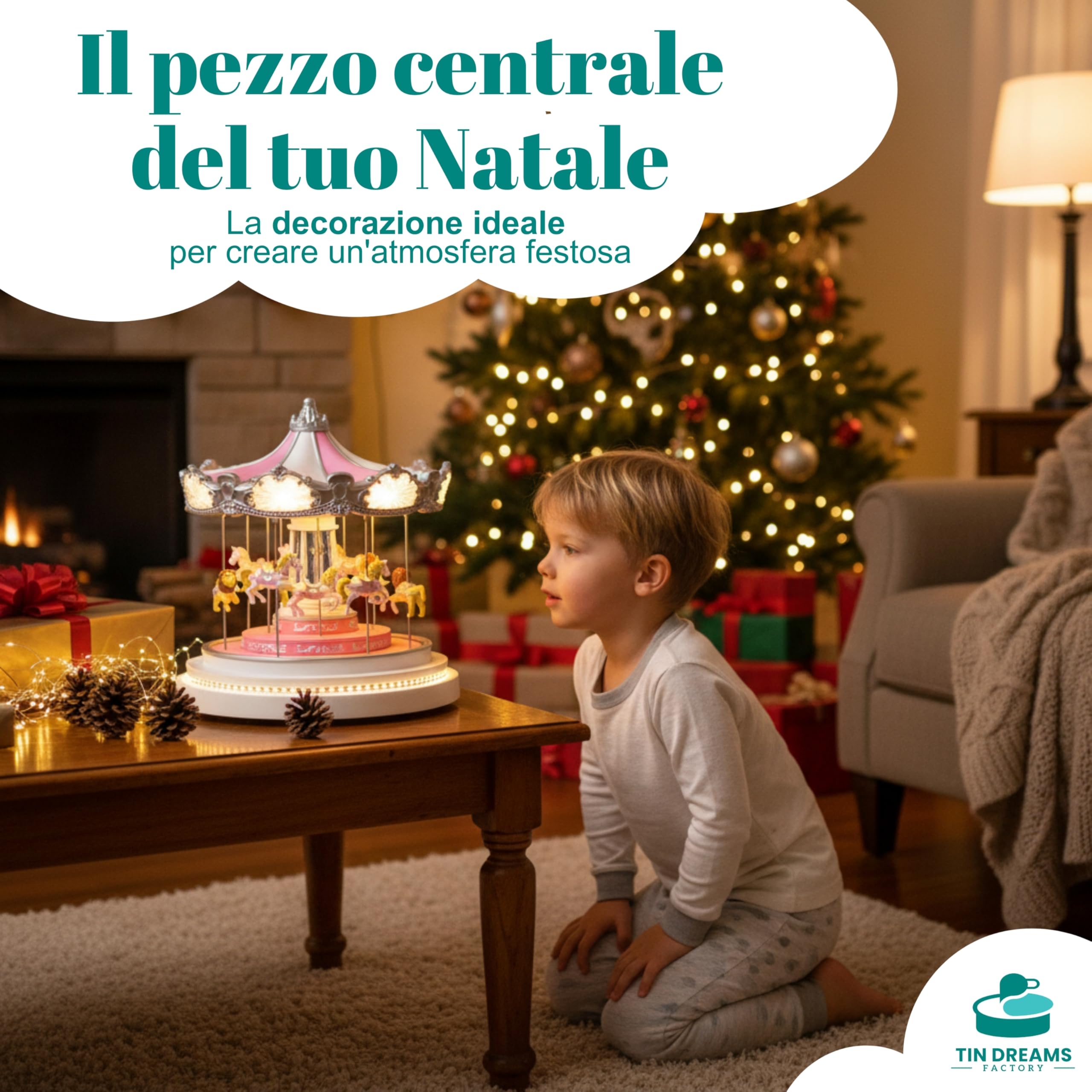 Tin Dreams| Giostra Natalizia Grande con Movimento, Musica e Luci LED| Giostrina Musicale| Villaggio di Natale, Casette, Borgo Miniatura, Scena Animata Illuminata| Addobbo Decorazioni Natalizie
