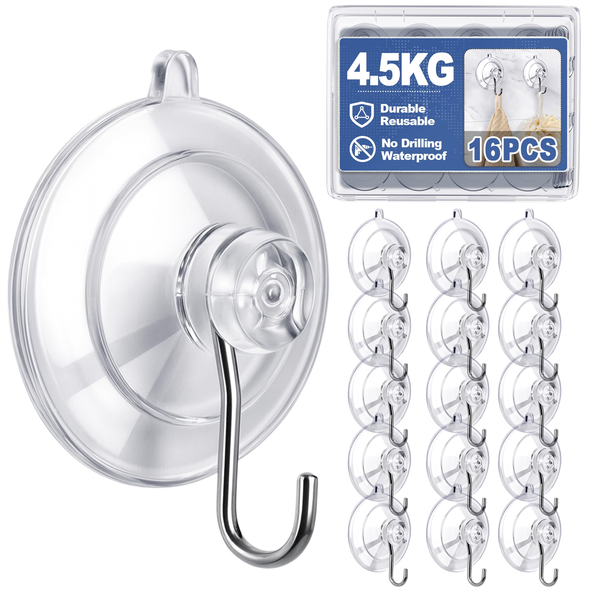 Bonison 16Pcs Suction Hooks – 4.5cm/4.5KG Heavy Duty Suction Cup Hooks No Drill Rental-Friendly No Marks, Steam-Proof Waterproof No Rust with Stainless Steel Hook for Bathroom Shower Kitchen Windows