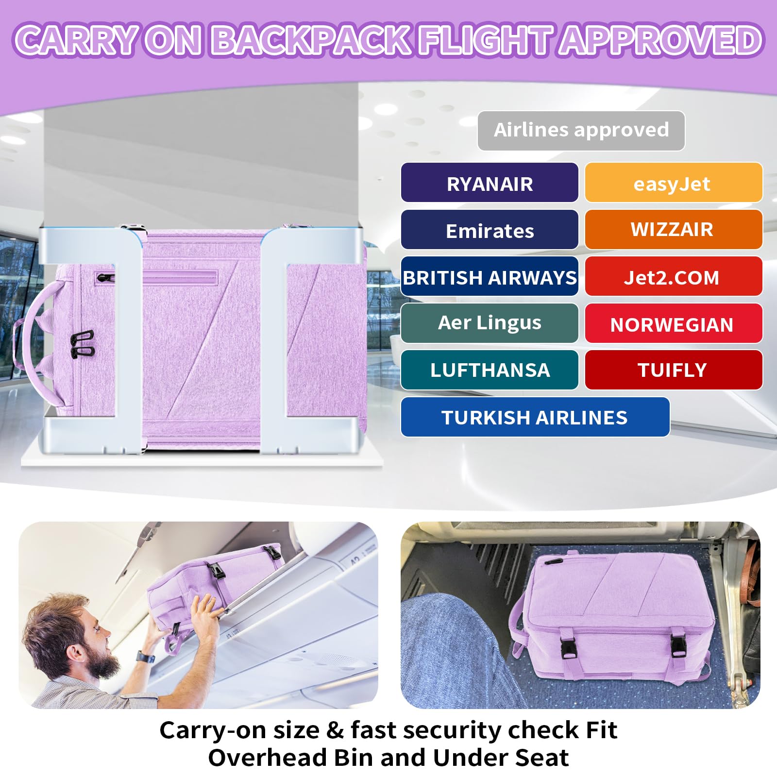 VOESLD Zaino per Ryanair 40x20x25, da Viaggio Aereo Bagaglio a Mano Viola per PC Donna Impermeabile, con Porta USB 20L