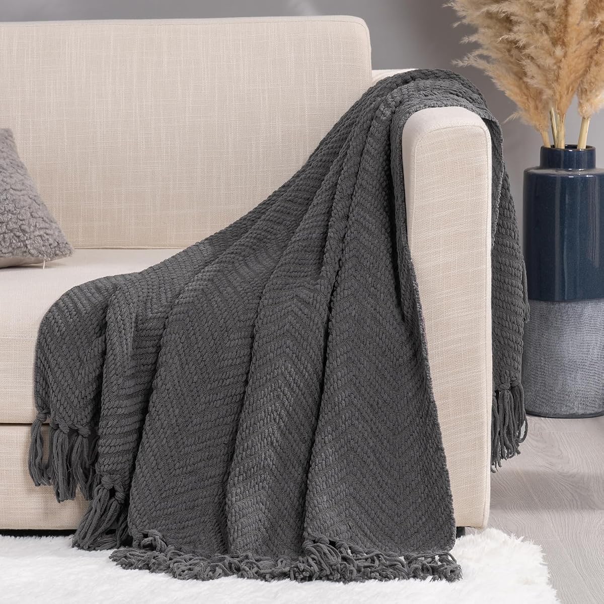 RECYCO Knit Chenille Throw Blanket, Textured Knitted Throw Blankets w/Tassels, Decorative Warm Soft Woven Throw for Couch Bed Chair, Gray, 50x60 in