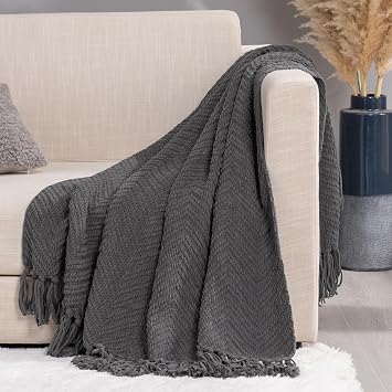 RECYCO Knit Chenille Throw Blanket, Textured Knitted Throw Blankets w/Tassels, Decorative Warm Soft Woven Throw for Couch Bed Chair, Gray, 50x60 in
