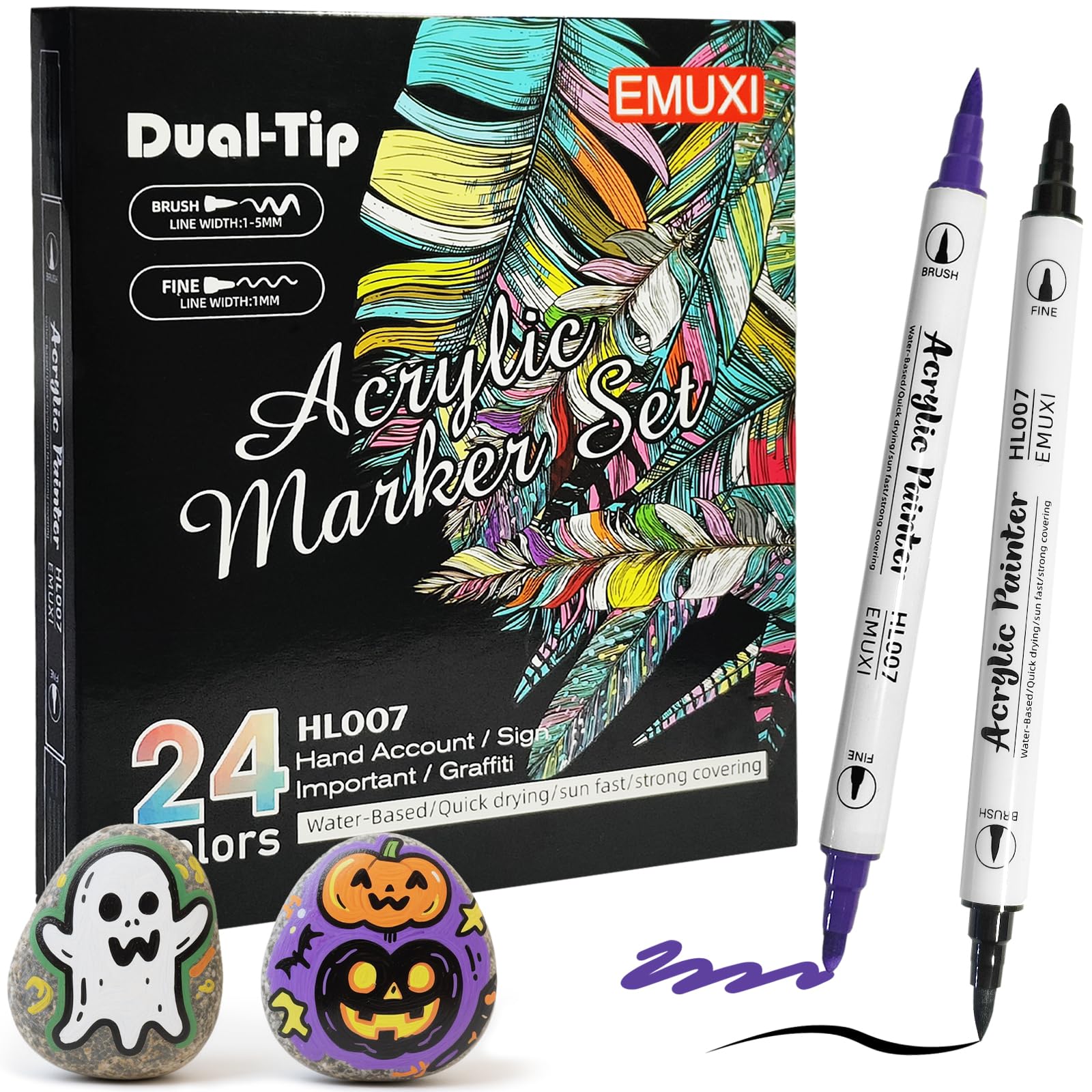 IBOPUXIU Rotuladores acrílicos con Doble Punta(Punta Fina y Pincel), Acrylic Markers resistentes al agua(24 colores), Adecuado para vidrio, madera, papel, manualidades y pintura rupestre