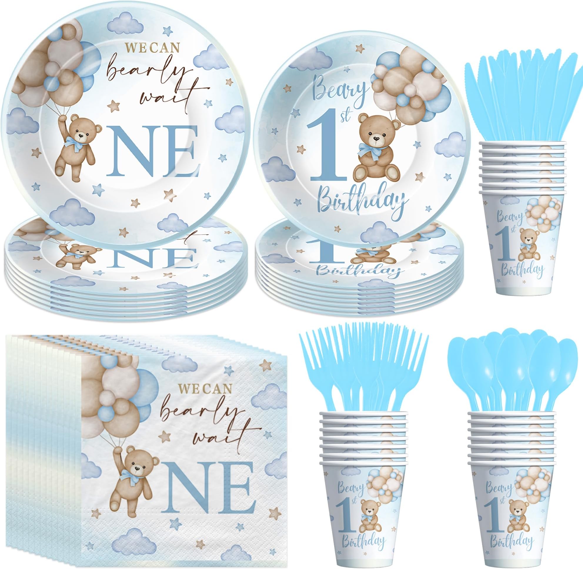 Xigejob Bear First Birthday Decorations for Boy, Blue Teddy Bear 1st Birthday Party Supplies Tableware, Dinner Plate, Dessert Plate, Paper Cup, Napkin, Disposable Cutlery, Serve 24