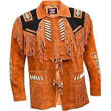 Mens Cowboy Western leather Coat Native American Jacket with Fringes Beades &Bones