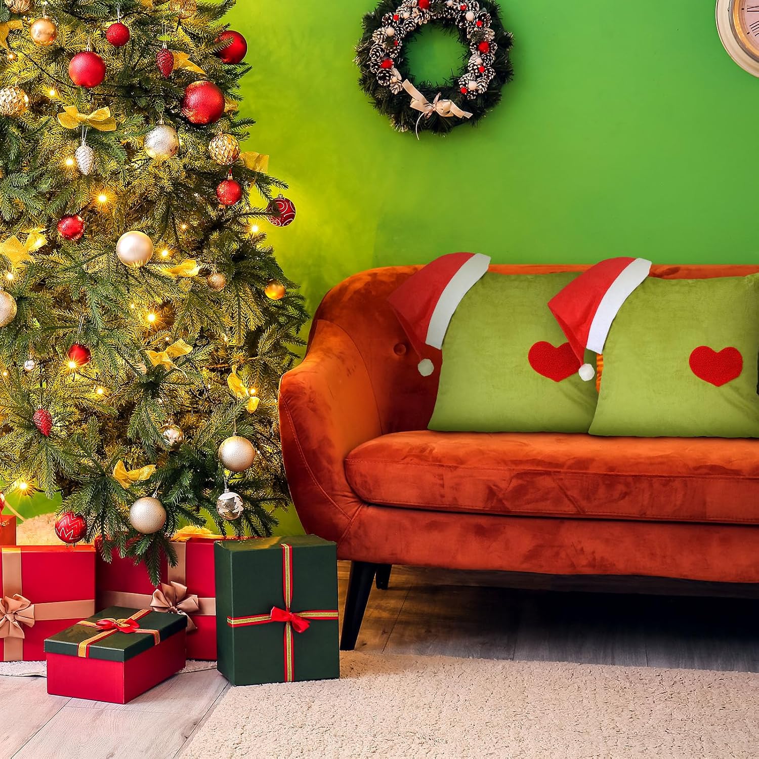 VioraWhite 2 Pcs 18 X18 Inch Christmas Decorative Throw Pillow Cover Christmas Lime Green Plush Pillow Covers Xmas Santa Hat Green Cushion Pillowcases for Couch Winter Holiday Decorations