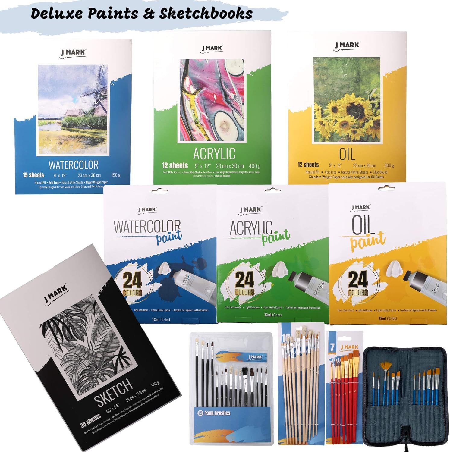 J MARK Painting Kit for Adults, Oil Paint Set- All in Deluxe Acrylic, Watercolor and Oil Painting Set