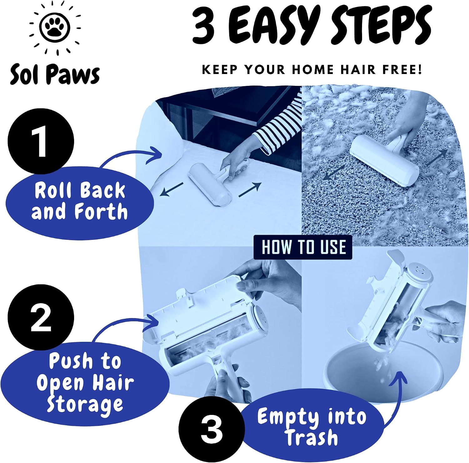 Sol Paws Pet Hair Remover for Dog, Cat, Animals- Multi-Surface Lint Roller for Pet Hair- Eco-Friendly Reusable Lint Roller- Portable- Cat and Dog Must Have