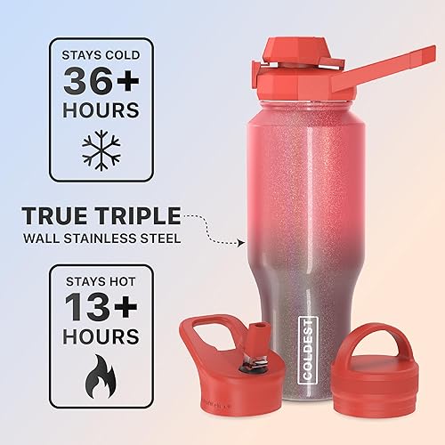 Miniatura 2 de La Botella de Agua Deportiva Más Fría - 3 en 1 Tapas (Trago, Pajita, Asa) - Vaso Aislado de Acero Inoxidable con Asa - Taza de Botella de Agua al