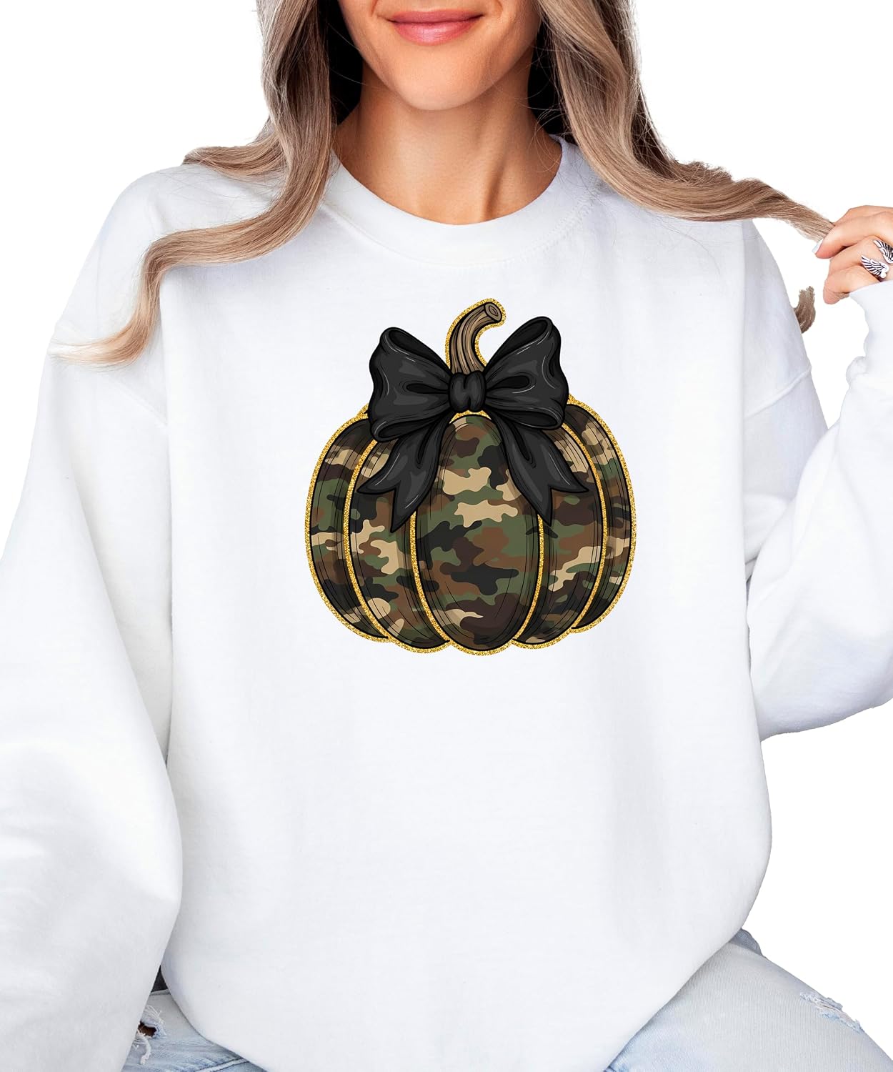Olive Loves Apple Camo Pumpkin Sweatshirt for Women, Teens & Youth Cute Black Bow Crewneck