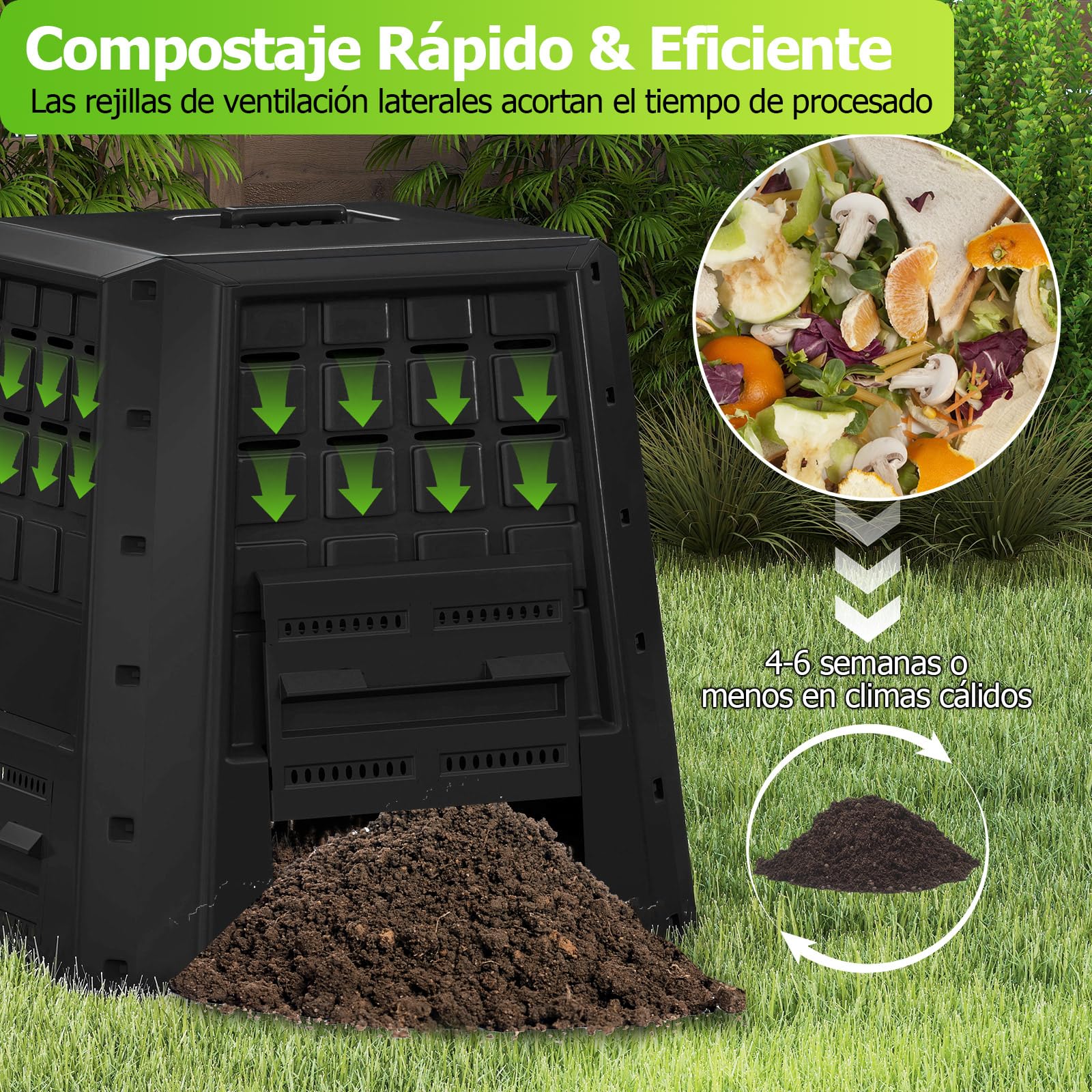 GOPLUS Compostador de Jardín de 380 L con Ventilación | Cubo de Compost Exterior con Tapa y Puerta, Compostera de PP Resistente a la Intemperie para Residuos Orgánicos