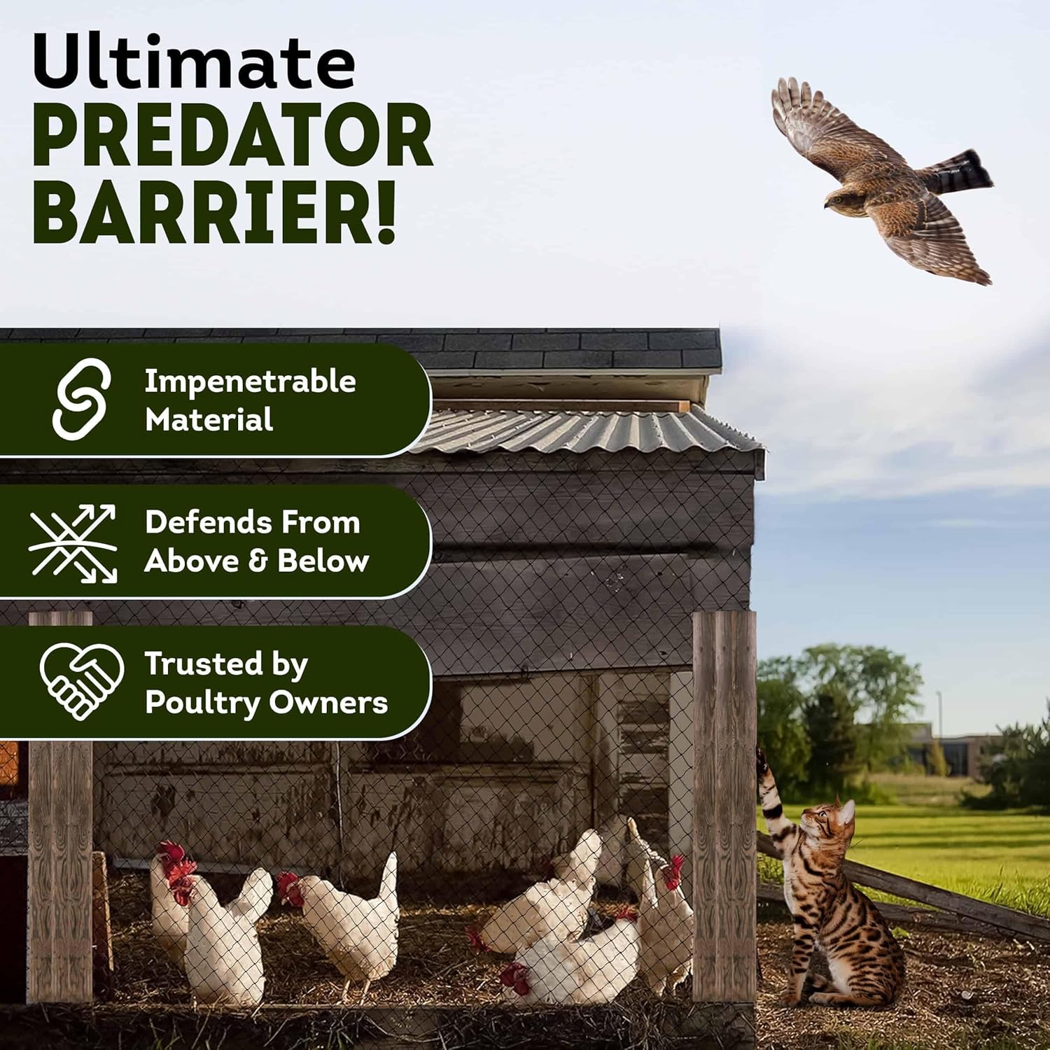 Heavy Duty Bird Netting for Chicken Coops & Runs | Keep Hawks, Birds & Predators Away | Hawk Netting 1.5 mm Thickness - Mesh 2"x2" | Aviary Net (25 x 25 ft)