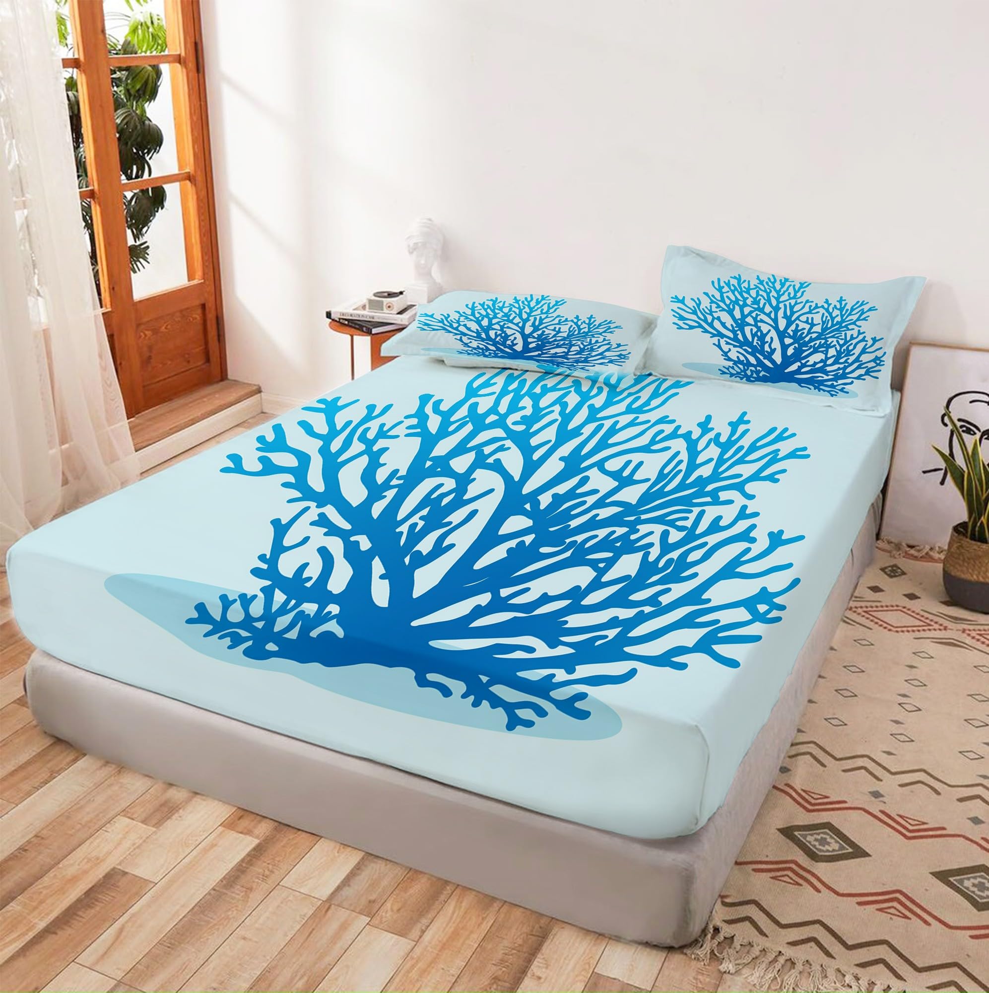 Drap Housse 160x200 cm Corail Bleu Draps Housses Microfibre brossée avec Coins Élastiqués pour Matelas de 30 cm Haut Doux et Durable Lavable en Machine