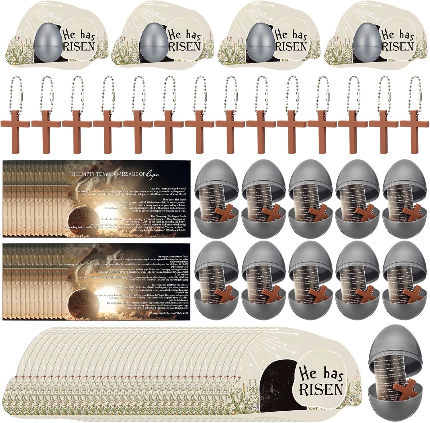 100 Sets/400 Pcs Resurrection Easter Eggs Craft Kits Has Risen Empty Easter Tomb Card Plastic Religious Eggs with Prayer Cards Turquoise Beads for Sunday School Church Gift for Kids