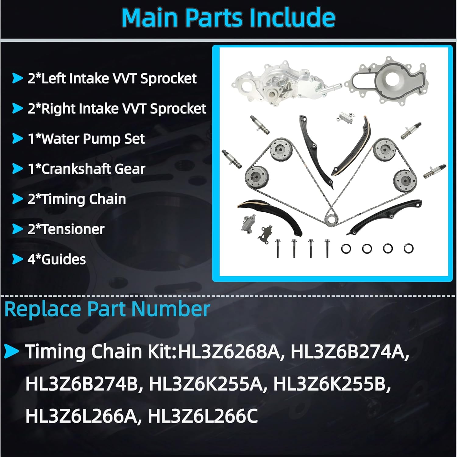 Timing Chain Kit w/4 VVT Cam Phasers Sprockets & Water Pump Fit for Ford F-150 2017-2020 Expedition 2018-2021 Lincoln Navigator 2018-2021 3.5L EcoBoost - OEM HL3Z-6268-A ML3Z-6256-A HL3Z-6L266-C