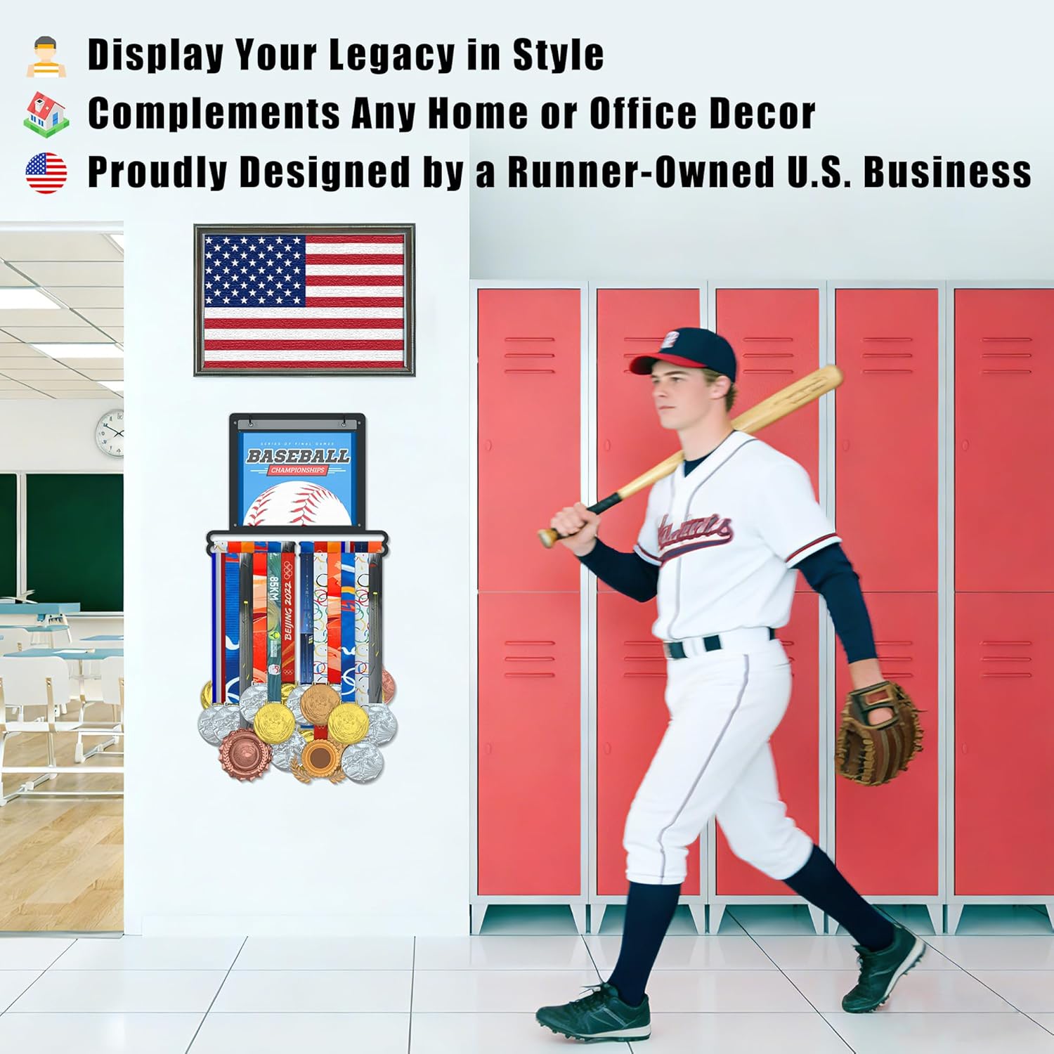 Jolitac Sports Medal Awards Display Rack Wall Mounted Marathon Medals Hanger Holder for 60+ Medals 100 Runner Race Bibs 20 Bibs Flip Vinyl Sleeves