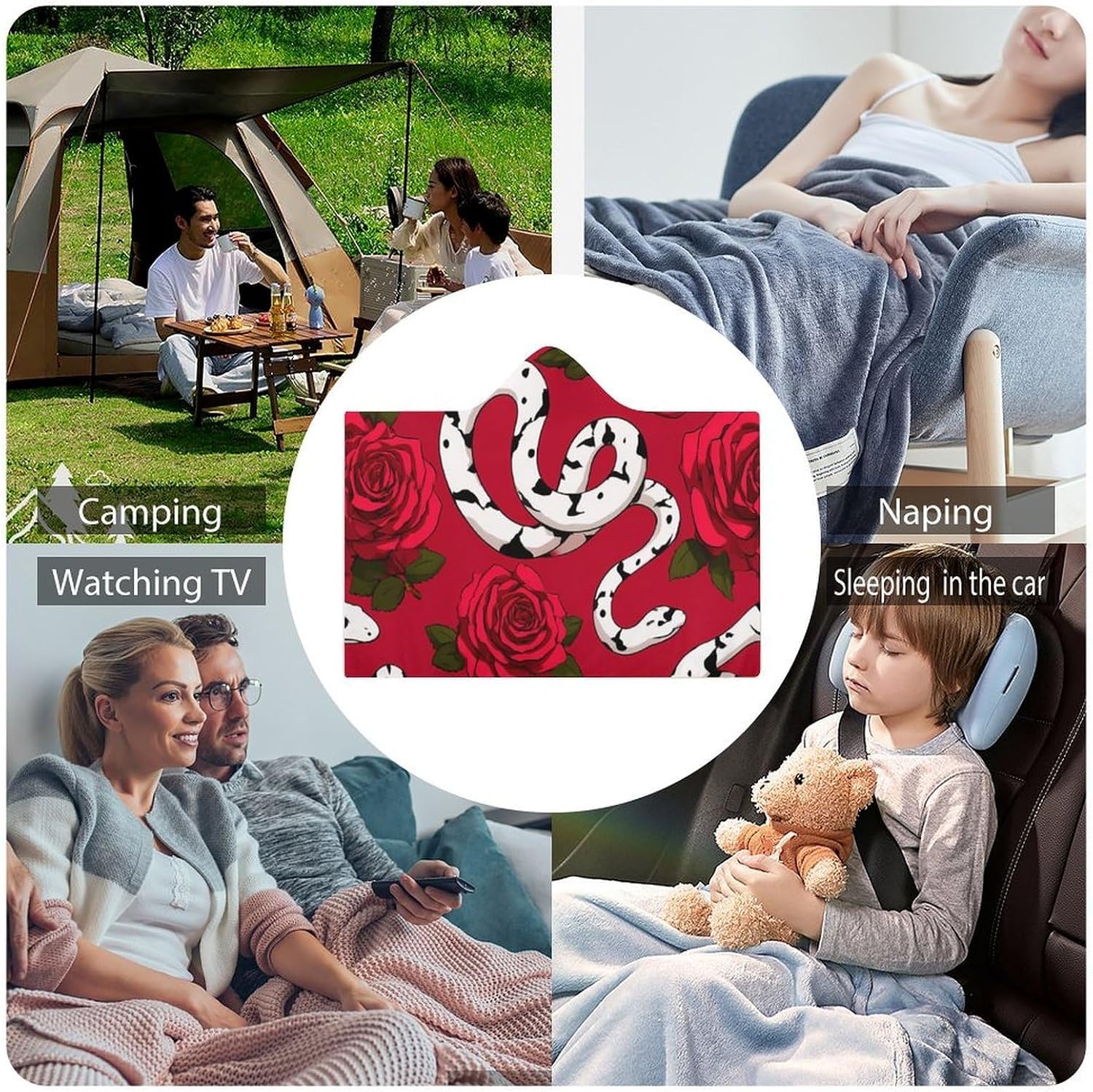 Red Rose Snake Wearable Blanket Oversized Throw Cape | Cozy Hooded Blanket Gifts for Women Men
