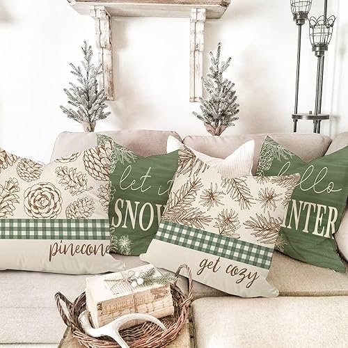 Miniatura 7 de Hello Winter - Juego de 4 fundas de cojín decorativas de cono de pino de 20 x 20 pulgadas, Let It Snow con hojas de pino verde, búfalo a cuadros,