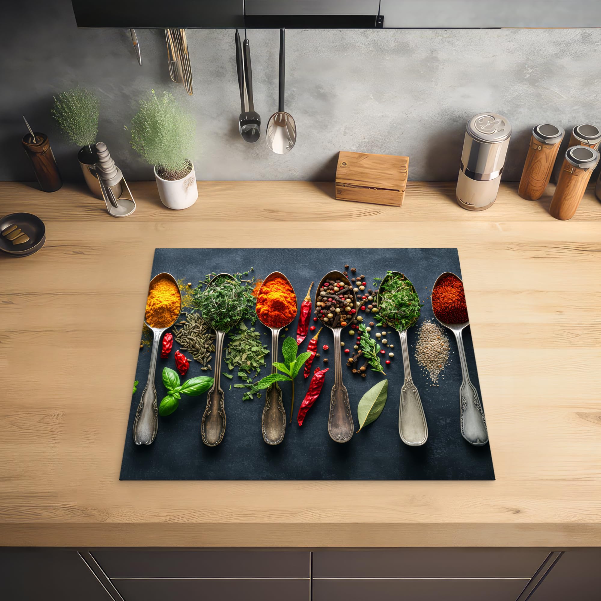 KitchenYeah© Inductie Beschermer 59x52 cm Keuken Decoratie Kookplaat Beschermer voor Inductiekookplaat Afdekplaat Anti Slip Mat - Kruiden - Industrieel - Stilleven