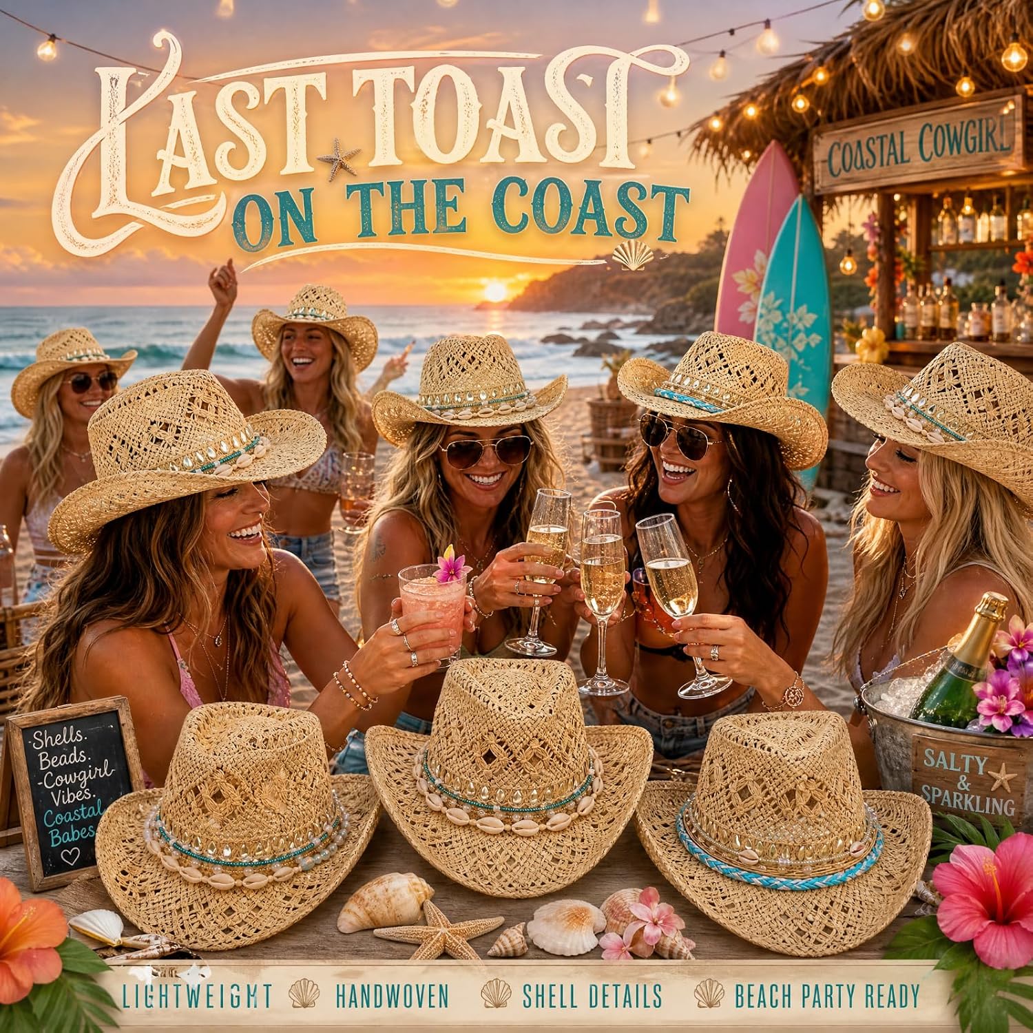 Skicuff 3 Pack Coastal Style Cowgirl Hats Beaded Straw Cowboy Hats for Gilrs Women Bachelorette Beach Summer Party Favors