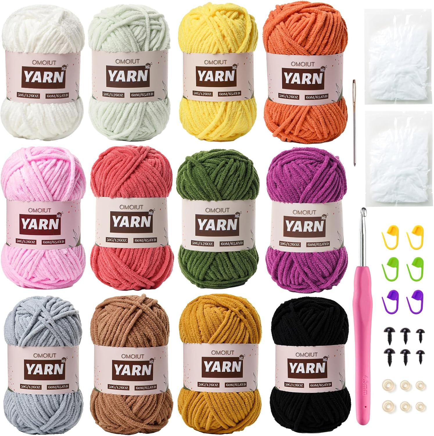 12 Pack Chenille Velvet Yarn - Baby Yarn for Crocheting Soft - Amigurumi Yarn Set with 600g(787yd) Crochet Yarn Crochet Hook、Stitch Markers、Fluffy Stuffing、Accessories C