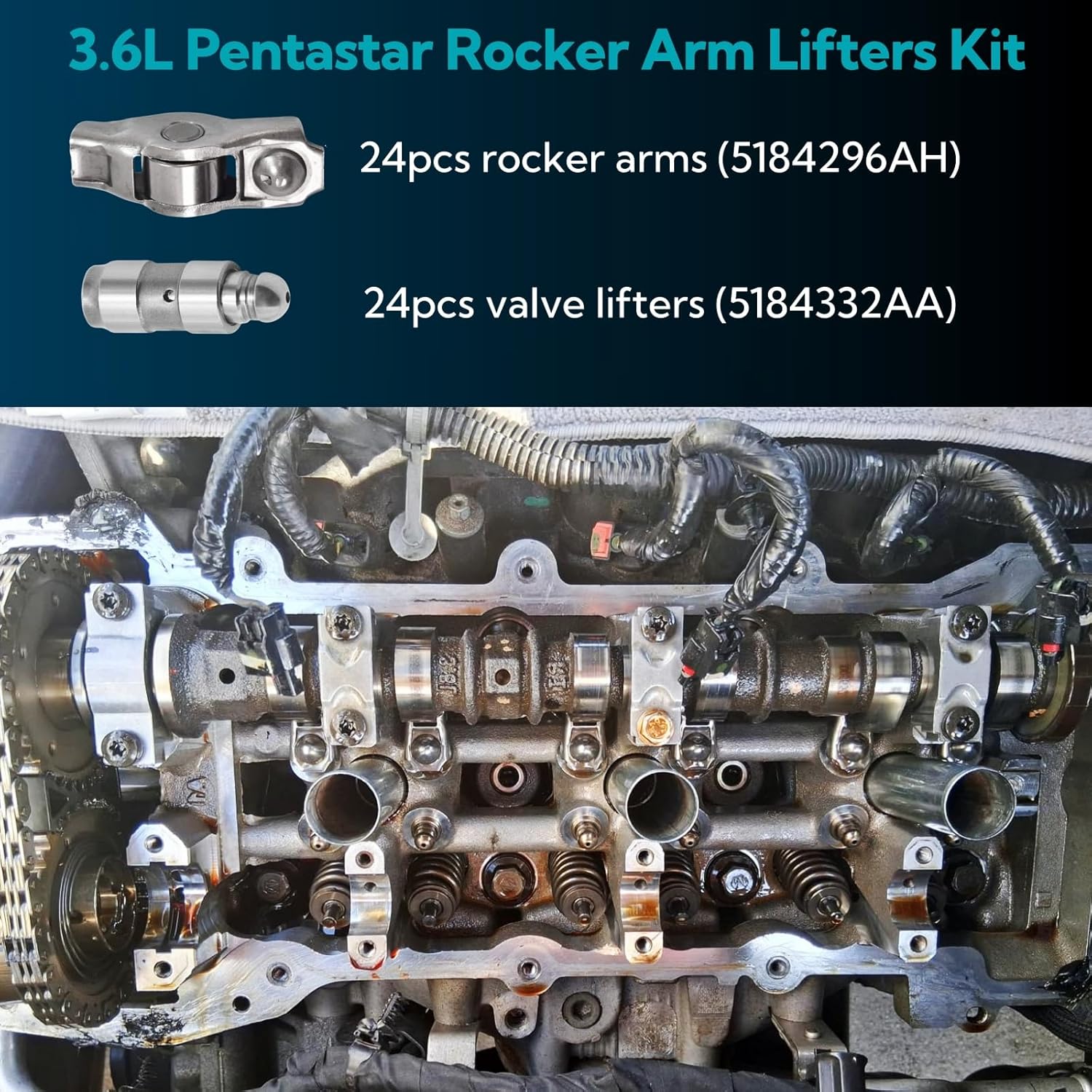 24Pcs 3.6 Rocker Arm and Lifter Kit Fits for Chrysler 200 300 Fits for Jeep Grand Cherokee Wrangler Fits for Dodge Challenger Charger Journey Fits for Ram 1500 3.6L Pentastar 5184296AH 5184332AA