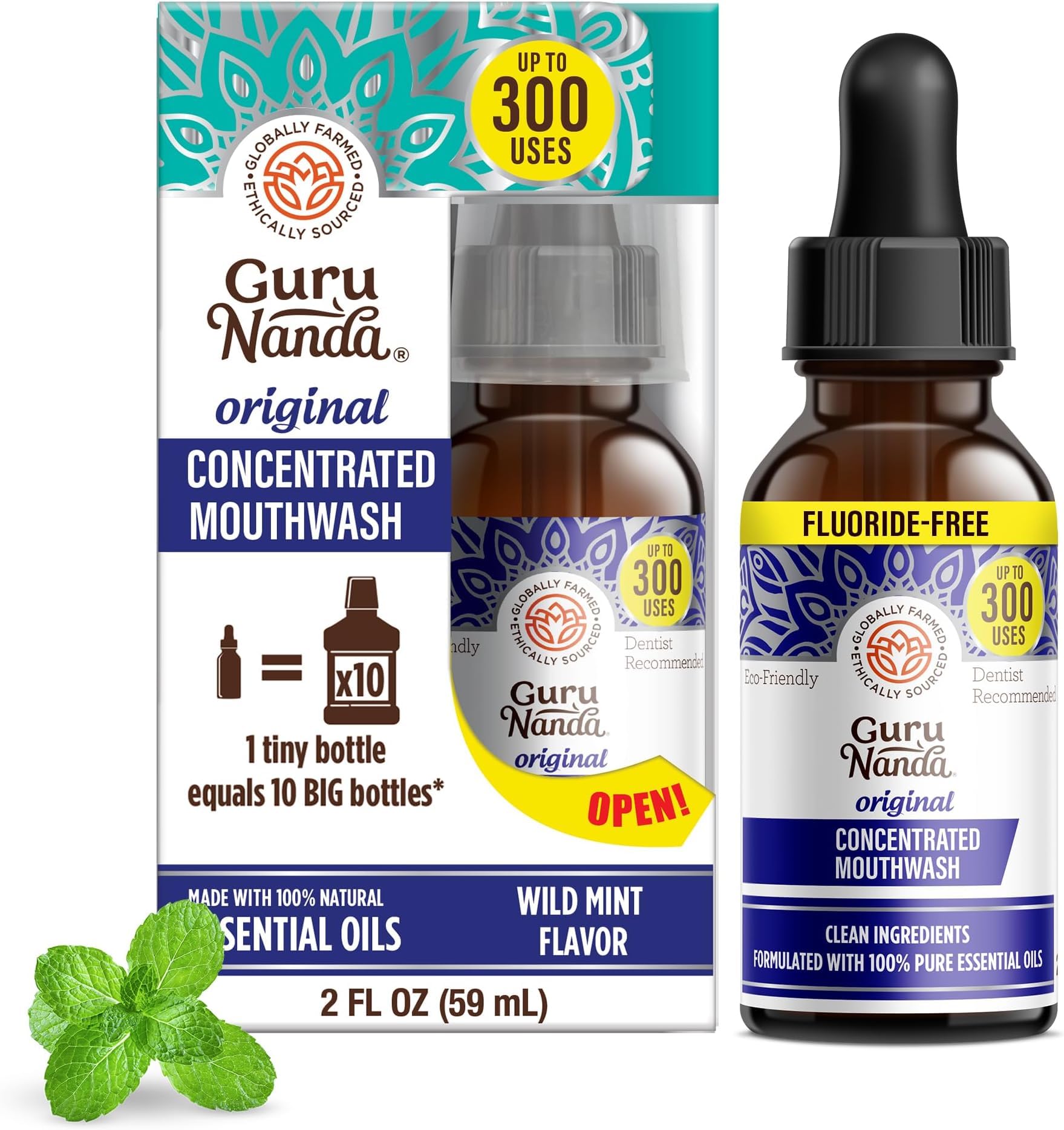 GuruNanda Concentrated Mouthwash (2 fl oz), Fluoride-Free, Mint Mouthwash with Natural Essential Oils, Supports 300 Rinses, Aids in Fresh Breath (Pack of 5)