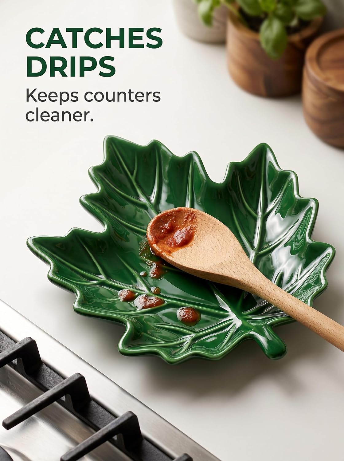 Large Ceramic Spoon Rest for Stove Top, Maple Leaf Holder for 2 Utensils