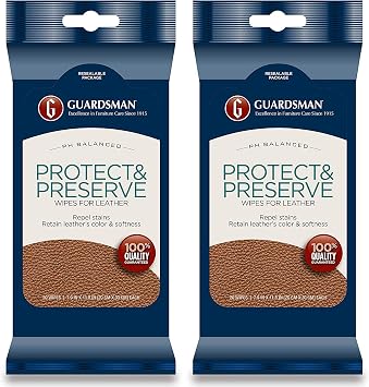 Guardsman Protect & Preserve Wipes for Leather 20 Wipes - Repels Stains, Retains Color and Softness, Great for Leather Furniture & Car Interiors - 2 Pack