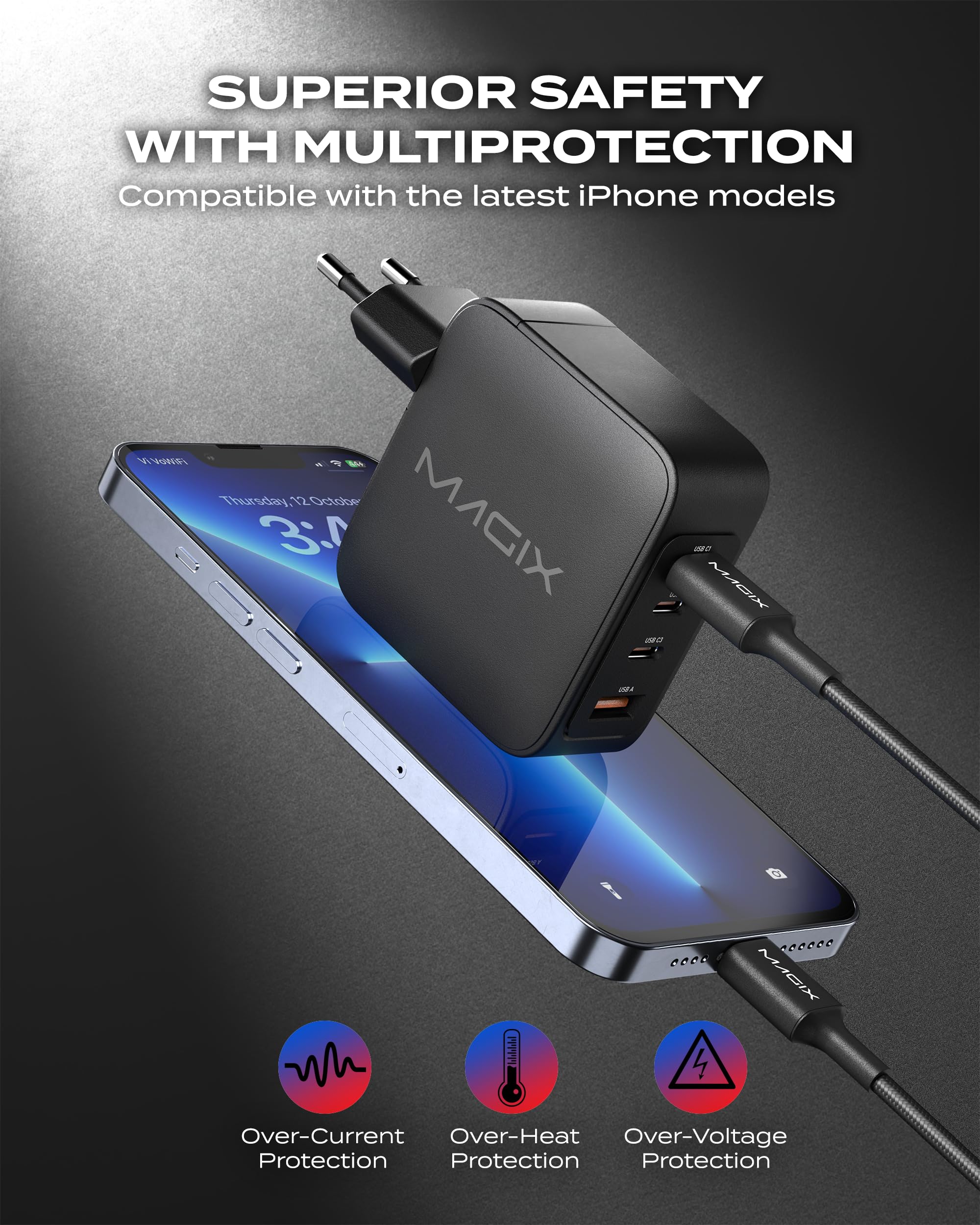 Magix Caricatore 4 Porte 140W, Caricabatterie GaN PD Power Delivery, 3x USB-C e 1x USB-A, per MacBook Pro, Dell XPS, iPhone 15/14/13/12 Series, iPad, Galaxy S23 Ultra, Switch e altro (EUR PLUG)