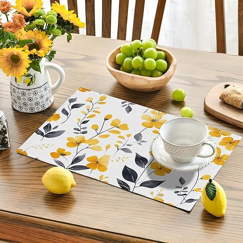 Miniatura 3 de Juego de 6 manteles individuales de flores amarillas de granja, manteles individuales rústicos florales, manteles individuales de primavera lavables