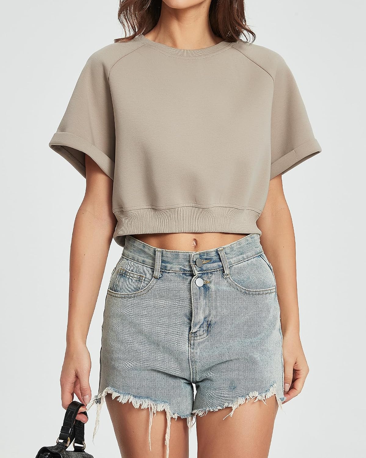 SCOFEEL Women's Cropped Short Sleeve Sweatshirt Casual Crewneck Loose Fit Crop Top Raglan Sleeve T-Shirt for Summer