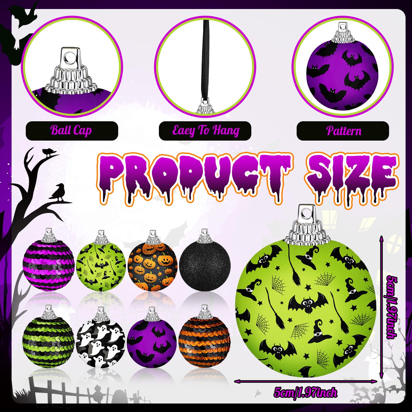 Zeyune 16 szt. Halloween bombki 5 cm brokatowe ozdoby choinkowe na Halloween z cekinami dekoracje choinkowe na imprezę Halloween wisząca dekoracja