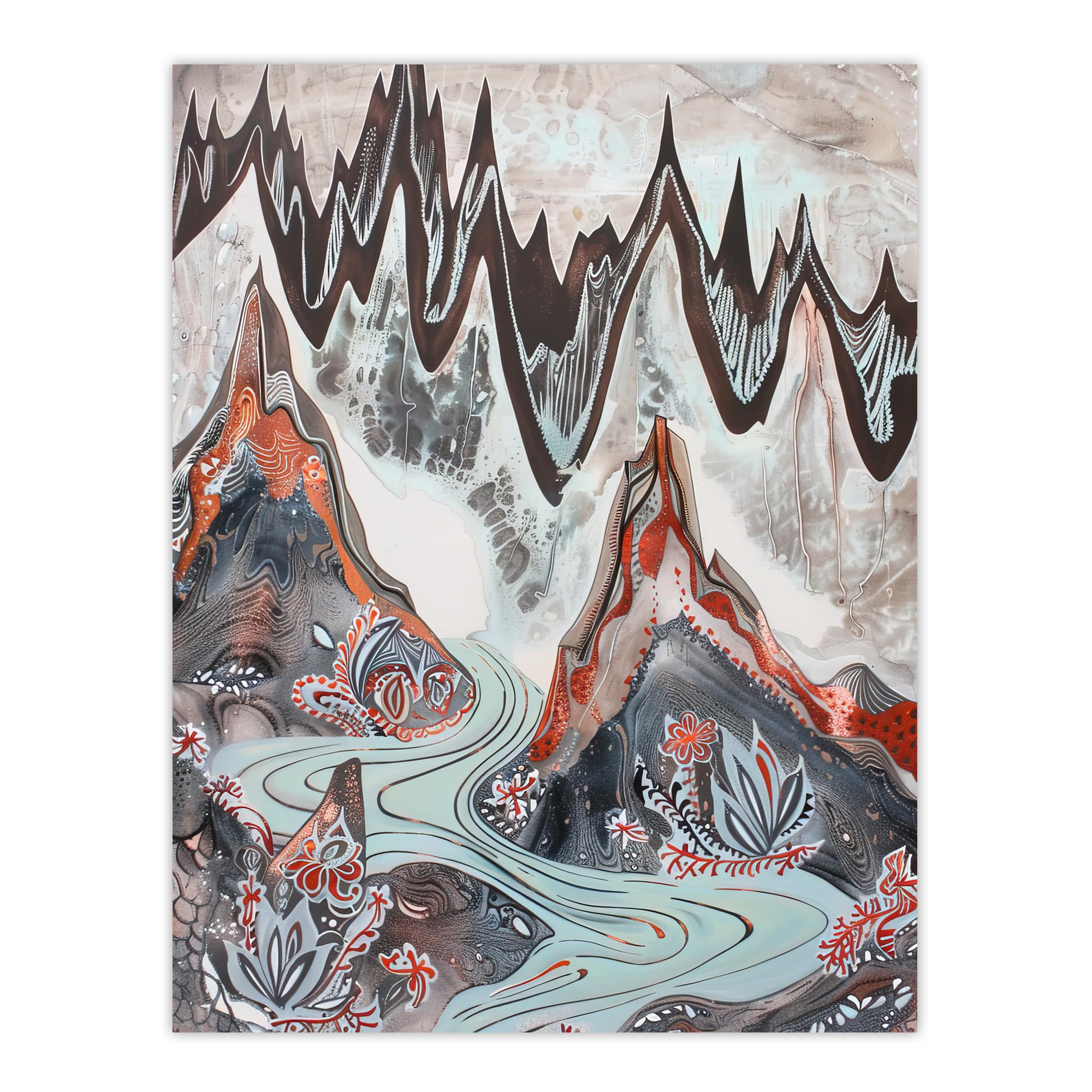 Artery8 Spiky Mountains River Trippy Floral Folk Art Living Room Extra Large XL Wall Art Poster Print