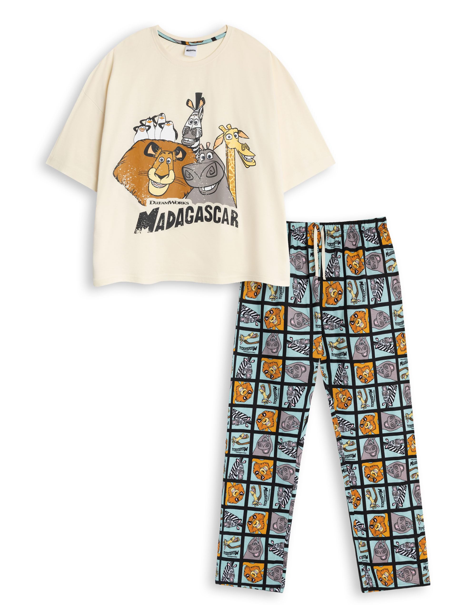 Madagascar Women's Beige Short Sleeve Long Leg Pyjama Set | Animal Print Sleepwear & Loungewear | Retro Movie Nightwear for Relaxing | Merch