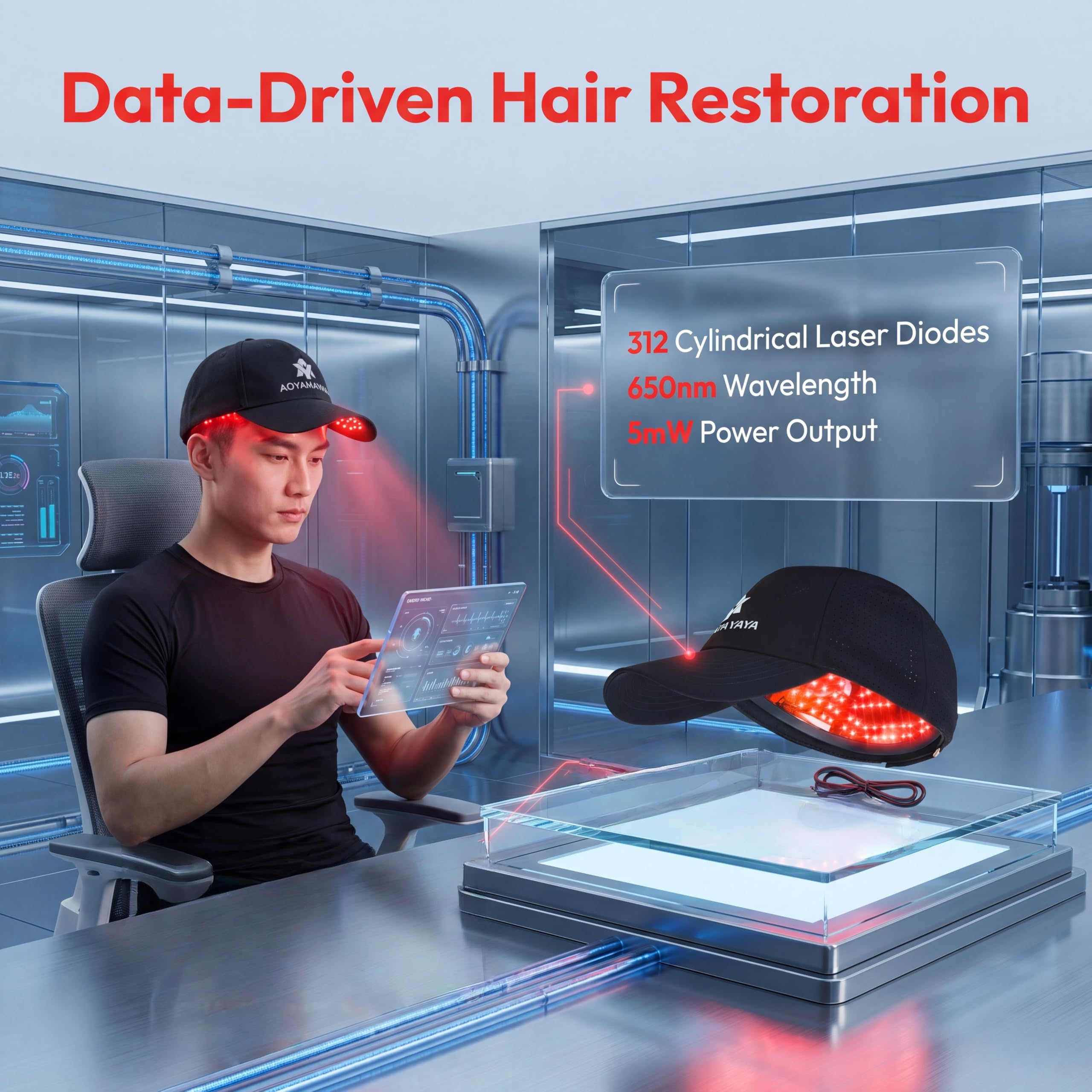 AOYAMA YAYA Laser Hair Cap Growth Helmet Laser hair growth promoting device, 312 Laser Diodes, 650nm Wavelength, with Transport Box and Powerbank