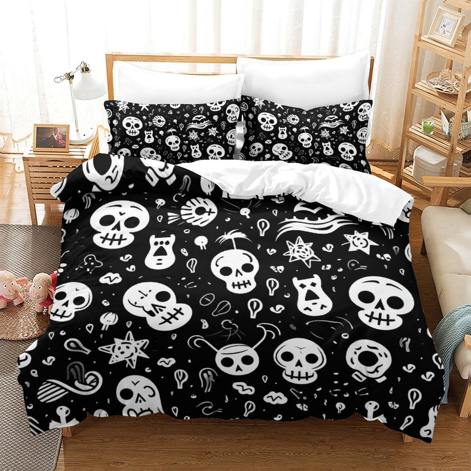 Housse de couette crâne 220x240 parure de lit enfant et adulte zippée
