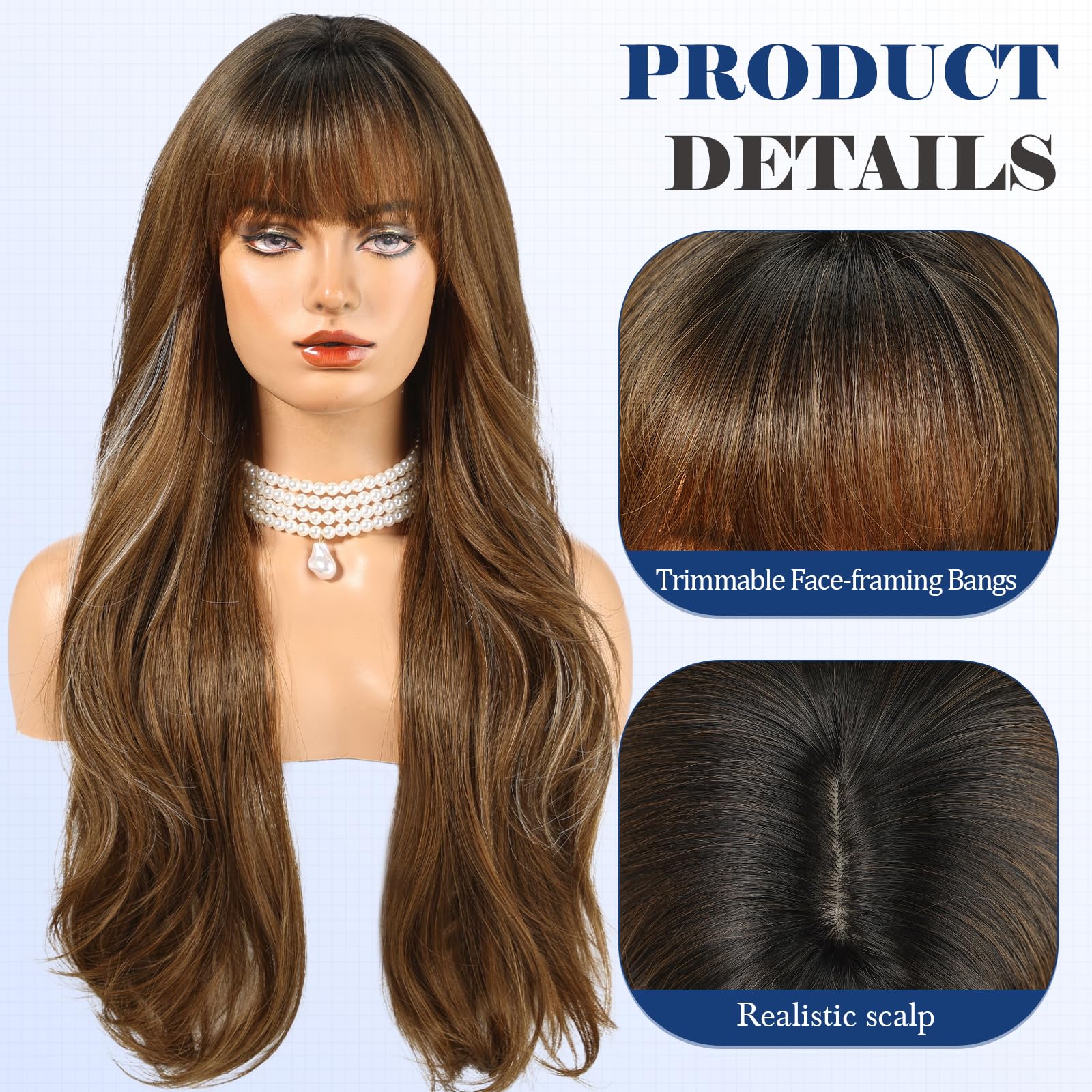HAIRCUBE Long Ombre Brown con Highlight Parrucca con Bangs Perrucche ricce a strati per donne Parrucche sintetiche naturali per uso quotidiano (pelucas de cabello naturale)