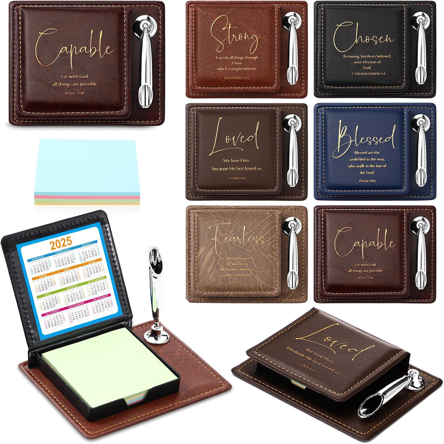 Spakon 12 Set Christian Gifts Bulk, Inspirational Bible Verse Sticky Note Holder with Pen, PU Leather Scripture Memo Box for Women Men, Easter Religious Church Gifts, Bible Study (Black)