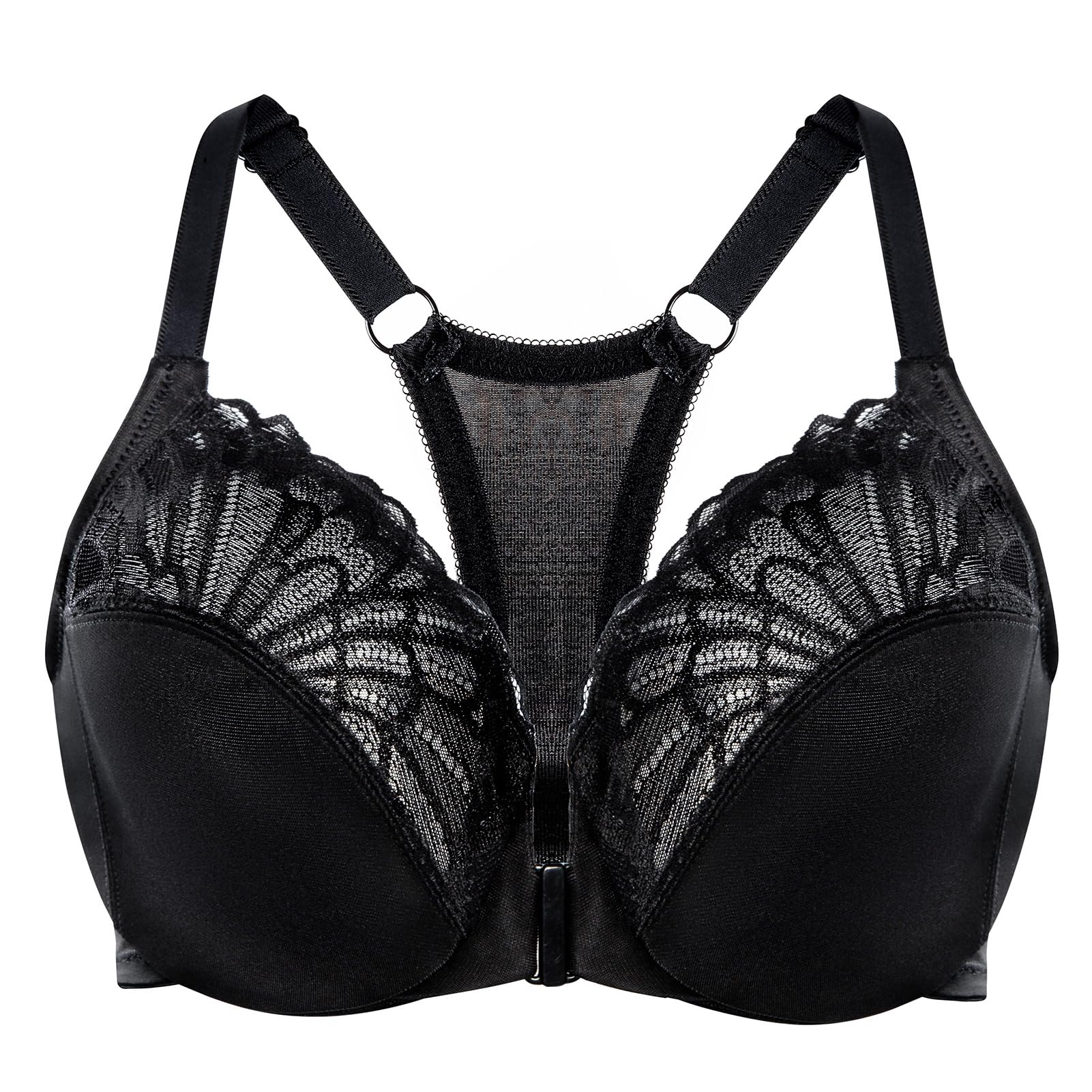 Meleneca Women's Black Racerback Front Fastening Lace Unlined Plus Size Underwire Bra 44D